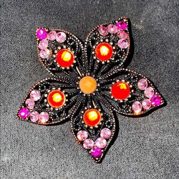 Vintage copper tone Elegant Floral Brooch with Pink and Orange Accents - Picture 1 of 5